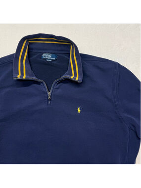 Men's Polo by Ralph Lauren 1/4 Zip Up Sweater XXL Navy Blue Yellow Stripes